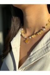 Yeni Sezon Incili Altın Renk Boncuklu 2 Cm Oval Uçlu 45 Cm Tasarım Bijuteri Doğal Taş Kolye