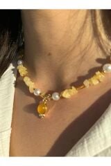 Yeni Sezon Incili Altın Renk Boncuklu 2 Cm Oval Uçlu 45 Cm Tasarım Bijuteri Doğal Taş Kolye