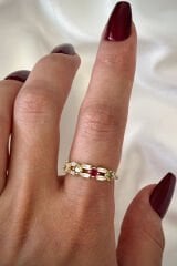 İthal Seri Çift Sıra Renkli Zirkon Taşlı Zarif Tasarım Ayarlanabilir Kadın Çelik Yüzük Gold
