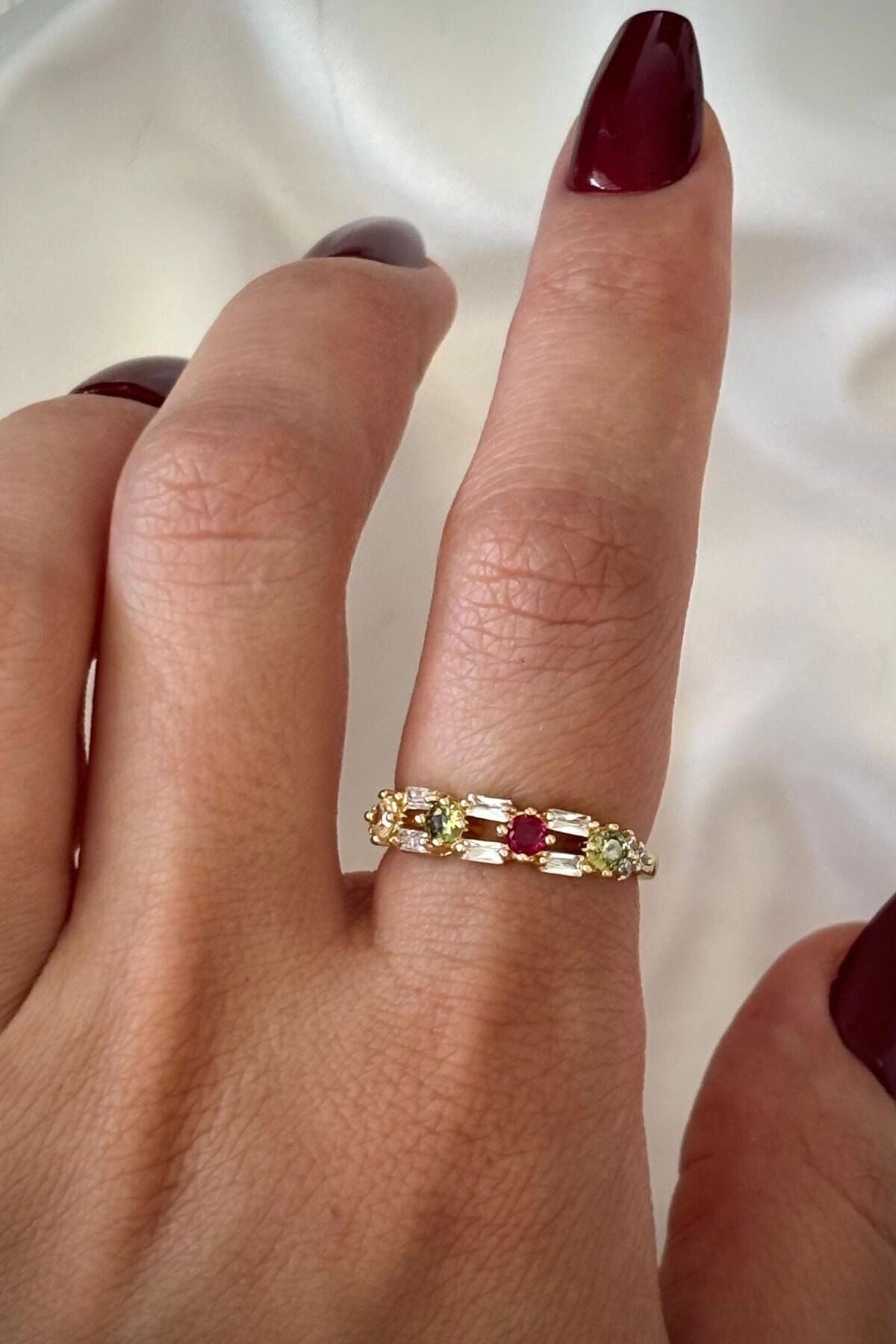İthal Seri Çift Sıra Renkli Zirkon Taşlı Zarif Tasarım Ayarlanabilir Kadın Çelik Yüzük Gold