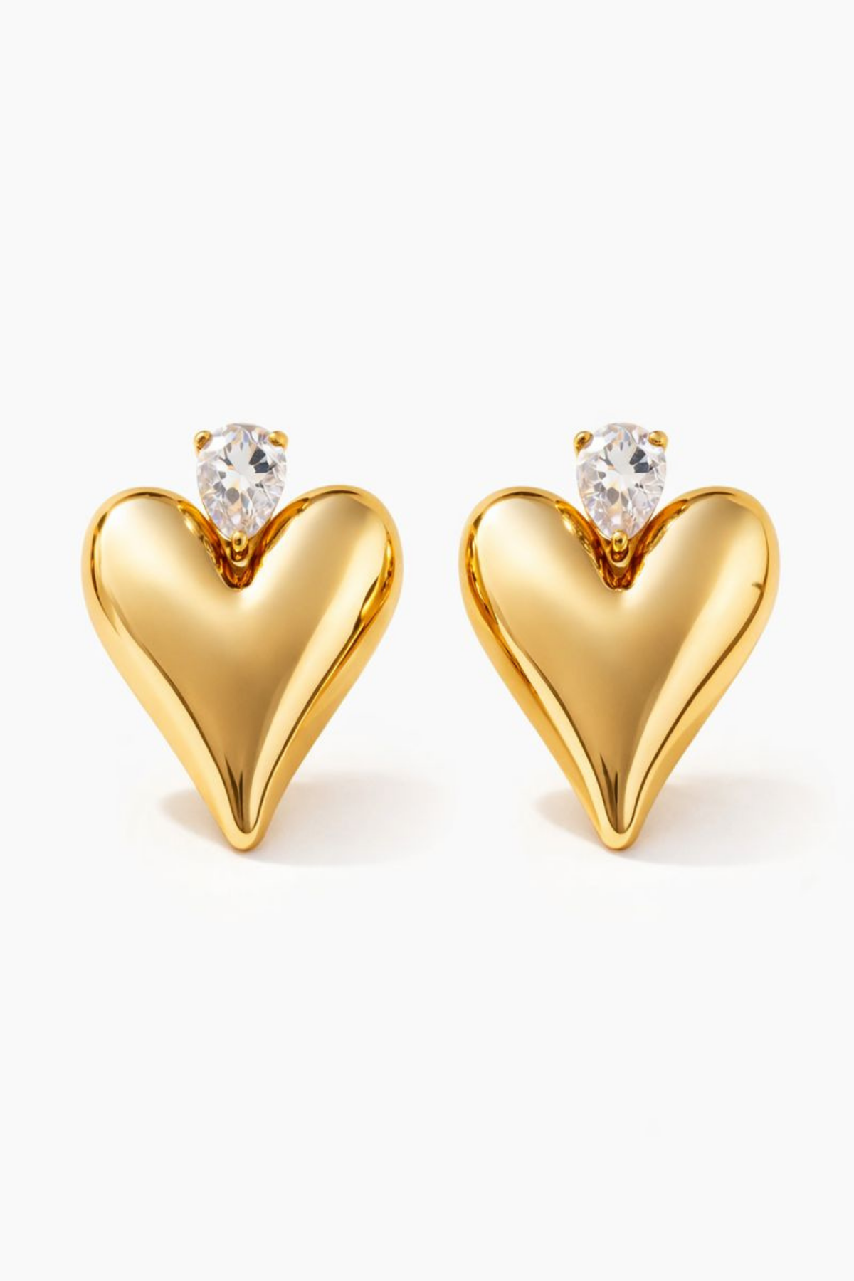 Premium Seri Amora Shine Bombeli Kalp Tasarım Damla Zirkon Taş Detaylı Kadın Çelik Küpe