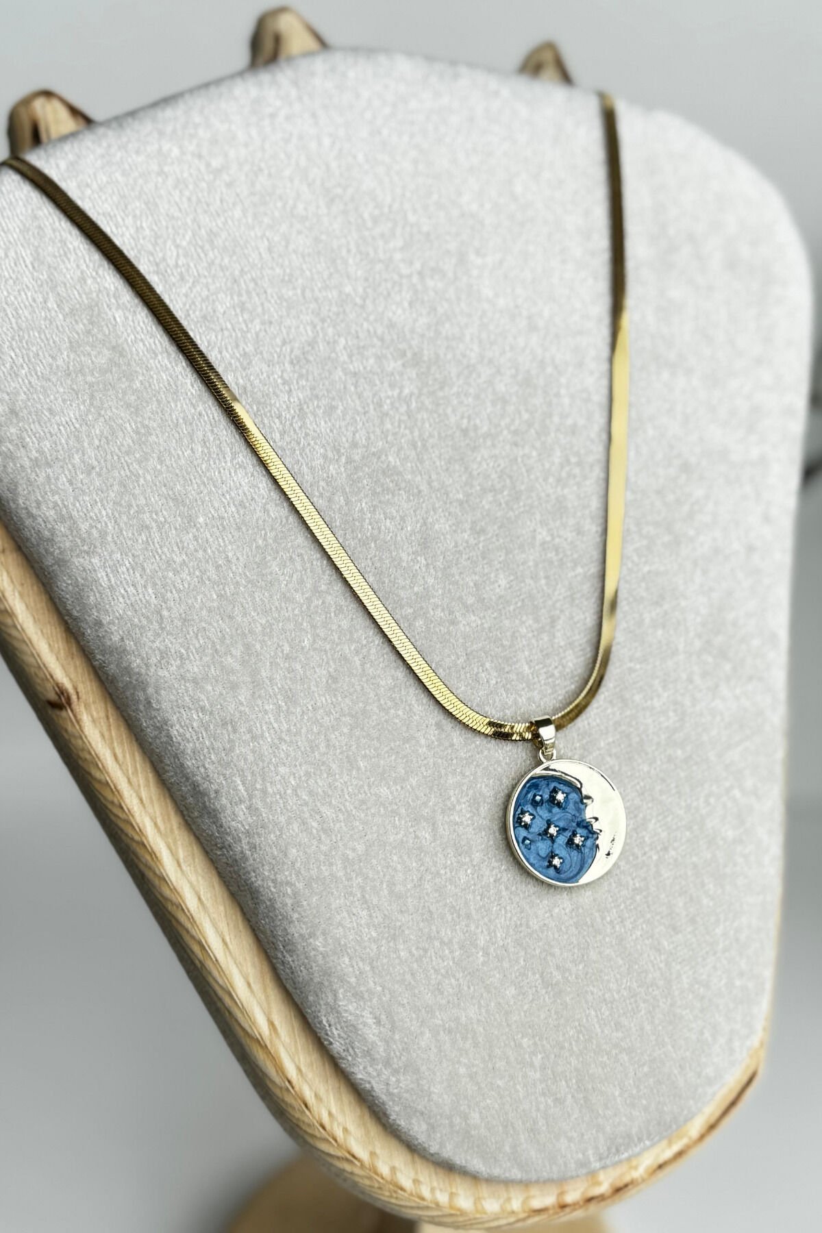 Premium Seri İtalyan Zincirli Mineli Gece Tasarım 45 Cm Kadın Çelik Kolye