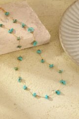 Firuze Taşlı Toplu Zincir Tasarım 45 Cm Kadın Çelik Kolye