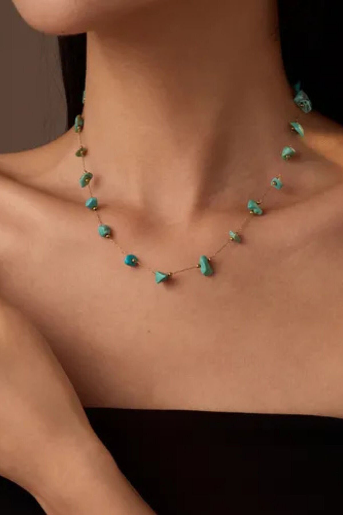 Firuze Taşlı Toplu Zincir Tasarım 45 Cm Kadın Çelik Kolye