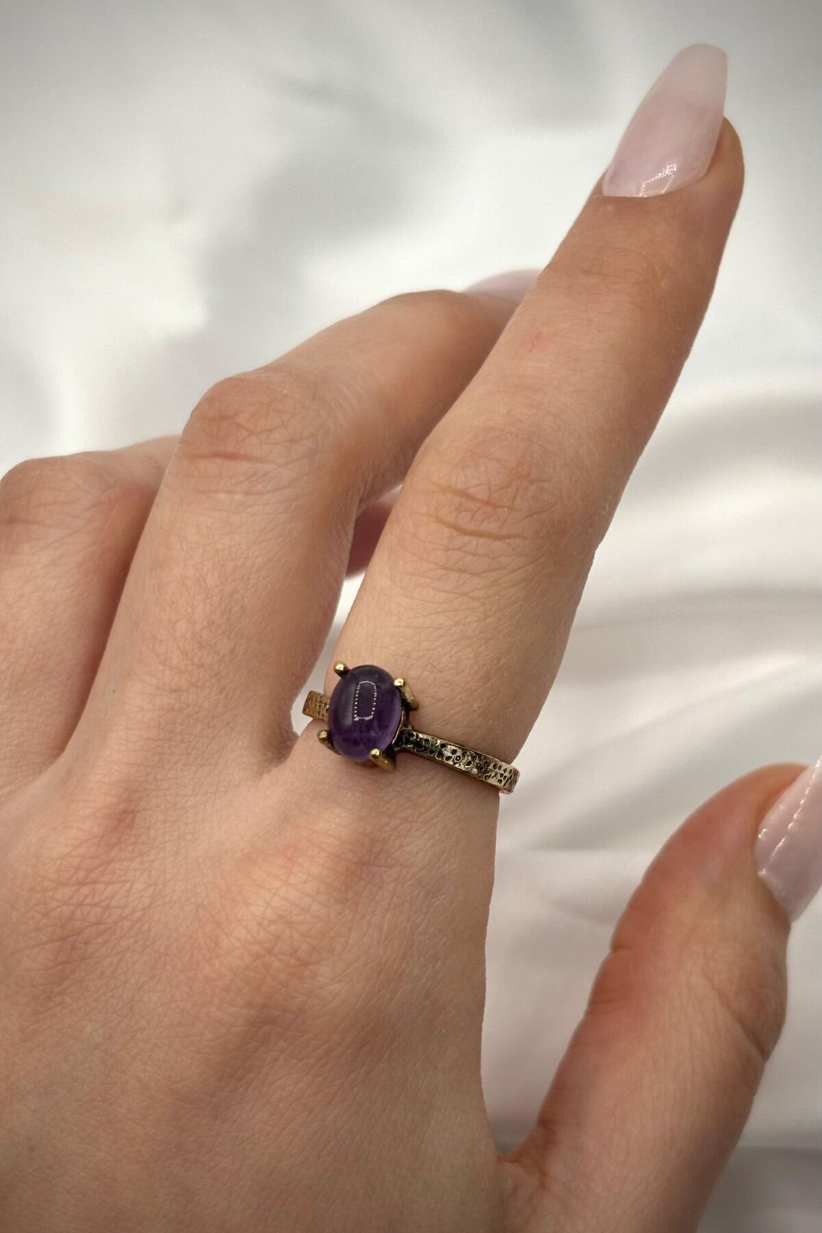 Vintage Seri Ayarlanabilir Paslanmaz Kararmaz Yüksek Oval Tasarım Ametist Doğal Taş Bronz Yüzük