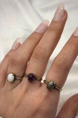 Vintage Seri Ayarlanabilir Paslanmaz Kararmaz Yüksek Oval Tasarım Labradorit Doğal Taş Bronz Yüzük