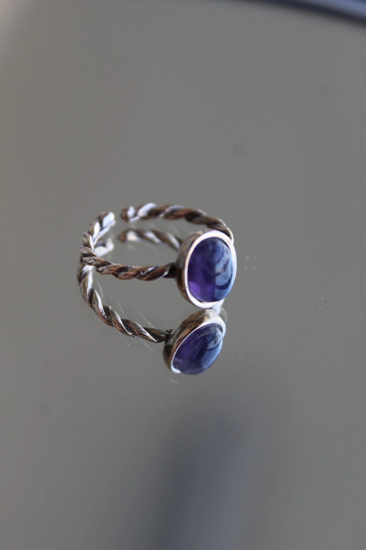 Vintage Seri Ayarlanabilir Paslanmaz Kararmaz Burgu Kol Elips Tasarım Ametist Doğal Taş Bronz Yüzük