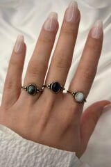 Vintage Seri Ayarlanabilir Paslanmaz Kararmaz 3 Nokta Kollu Tasarım Ametist Doğal Taş Bronz Yüzük