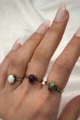 Vintage Seri Ayarlanabilir Paslanmaz Kararmaz Yüksek Oval Tasarım Ametist Doğal Taş Bronz Yüzük