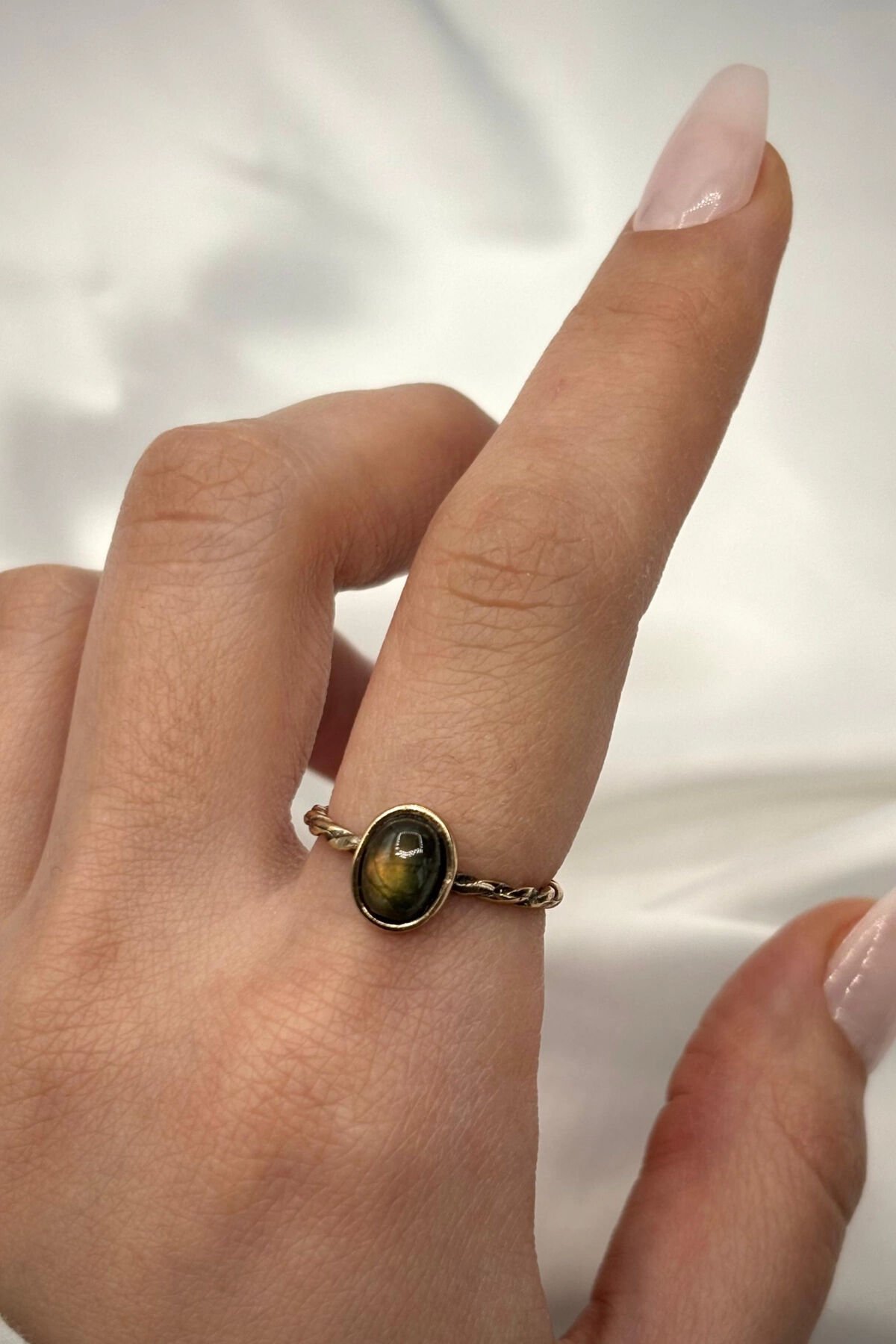 Vintage Seri Ayarlanabilir Paslanmaz Kararmaz Burgu Elips Tasarım Labradorit Doğal Taş Bronz Yüzük