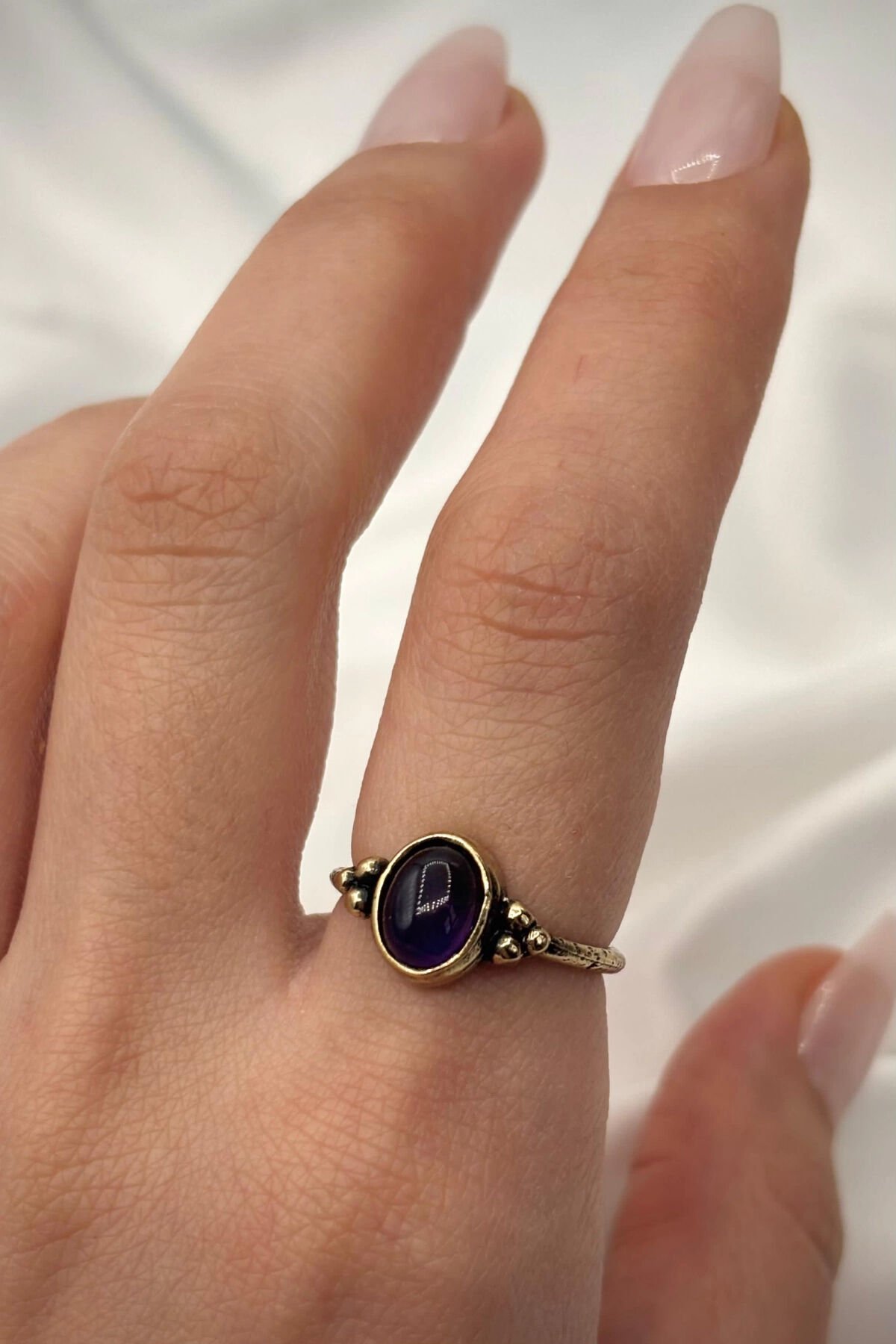 Vintage Seri Ayarlanabilir Paslanmaz Kararmaz 3 Nokta Kollu Tasarım Ametist Doğal Taş Bronz Yüzük