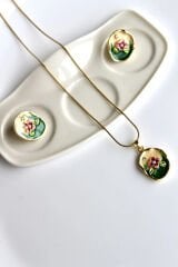 Vintage Pembe Çiçek Motifli 3d Tablo Tasarım Kadın Çelik Küpe