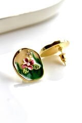 Vintage Pembe Çiçek Motifli 3d Tablo Tasarım Kadın Çelik Küpe