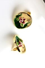 Vintage Pembe Çiçek Motifli 3d Tablo Tasarım Kadın Çelik Küpe