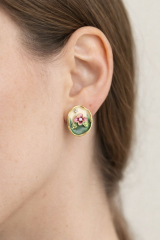 Vintage Pembe Çiçek Motifli 3d Tablo Tasarım Kadın Çelik Küpe