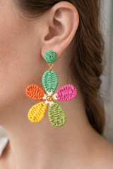 Yeni Sezon Çok Renkli Hasır Çiçek Tasarım Sallantılı Yazlık Hafif Kadın Küpe