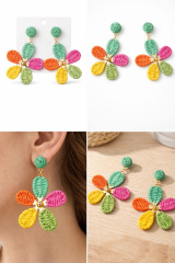 Yeni Sezon Çok Renkli Hasır Çiçek Tasarım Sallantılı Yazlık Hafif Kadın Küpe