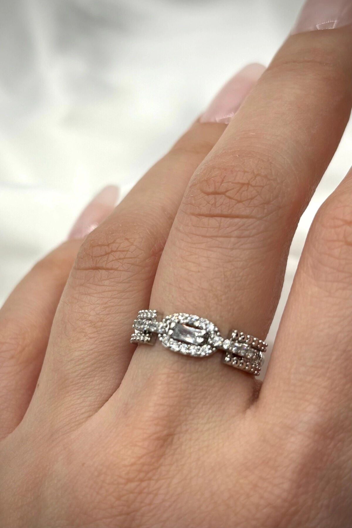 Baget Zirkon Taşlı Vintage Ünlü Model Ayarlanabilir Kadın Yüzük Gümüş