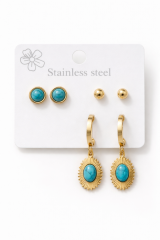 6 Lı Firuze Taşlı Tasarım Kararmaz Renk Atmaz Çoklu Kadın Çelik Küpe