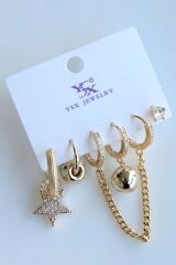 6 Lı Full Zirkon Taşlı Yıldızlı Tasarım Kararmaz Renk Atmaz Çoklu Kadın Çelik Küpe