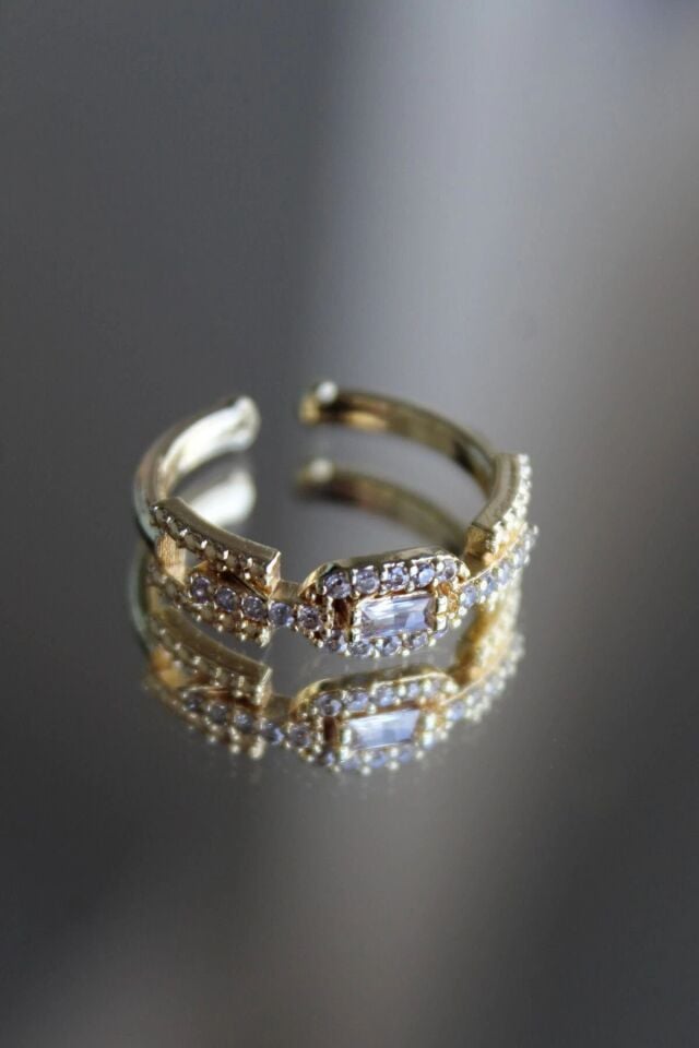 Baget Zirkon Taşlı Vintage Ünlü Model Ayarlanabilir Kadın Yüzük Gold