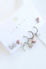 6 Lı Gül Tasarım Kararmaz Renk Atmaz Çoklu Kadın Çelik Küpe