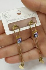 Premium Seri Opal Baget Taşlı Sallantılı Tasarım Kararmaz Renk Atmaz Kadın Çelik Küpe