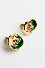 Vintage Pembe Çiçek Motifli 3d Tablo Tasarım Kadın Çelik Küpe