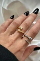 Özel Seri Baget Zirkon Taşlı Çivi Tasarım Ayarlanabilir Kadın Çelik Yüzük