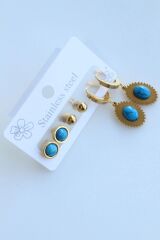 6 Lı Firuze Taşlı Tasarım Kararmaz Renk Atmaz Çoklu Kadın Çelik Küpe