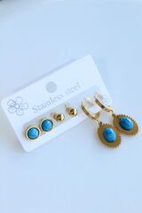 6 Lı Firuze Taşlı Tasarım Kararmaz Renk Atmaz Çoklu Kadın Çelik Küpe