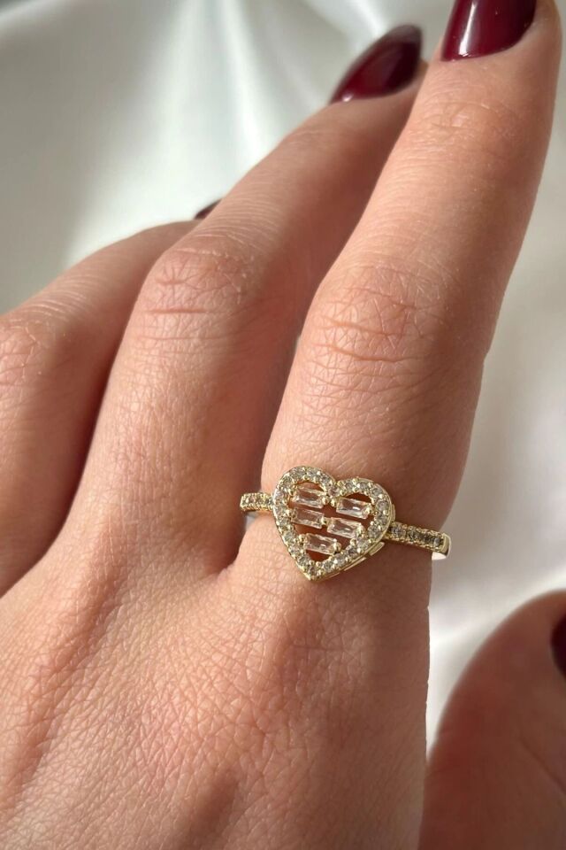 Premium Seri Heart Layer Model Baget Taşlı Kalp Tasarım Ayarlanabilir Kadın Çelik Yüzük Gold