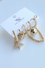 6 Lı Full Zirkon Taşlı Yıldızlı Tasarım Kararmaz Renk Atmaz Çoklu Kadın Çelik Küpe