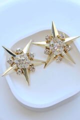 Büyük Yıldız Tasarım Full Zirkon Taşlı Kadın Abiye Çelik Küpe