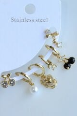 6 Lı Kiraz Tasarım Kararmaz Renk Atmaz Çoklu Kadın Çelik Küpe