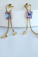 Premium Seri Opal Baget Taşlı Sallantılı Tasarım Kararmaz Renk Atmaz Kadın Çelik Küpe