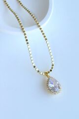 Ezme Çelik Zincirli Büyük Zirkon Damla Taş Kadın Çelik Kolye