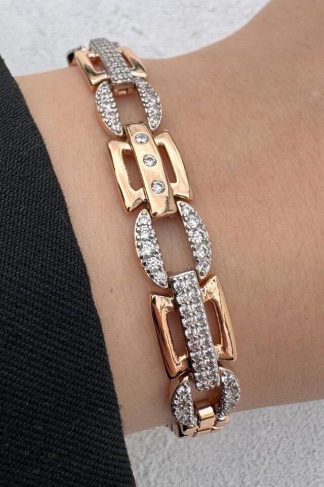 Kararmaz Renk Atmaz Xuping Rose Gold Geometrik Link Zirkon Taşlı Kadın Çelik Bileklik