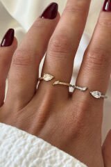 İthal Seri Zarif Zirkon Taşlı Damla Tasarım Ayarlanabilir Kadın Çelik Yüzük