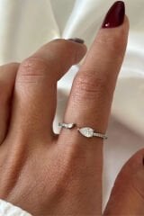 İthal Seri Zarif Zirkon Taşlı Damla Tasarım Ayarlanabilir Kadın Çelik Yüzük