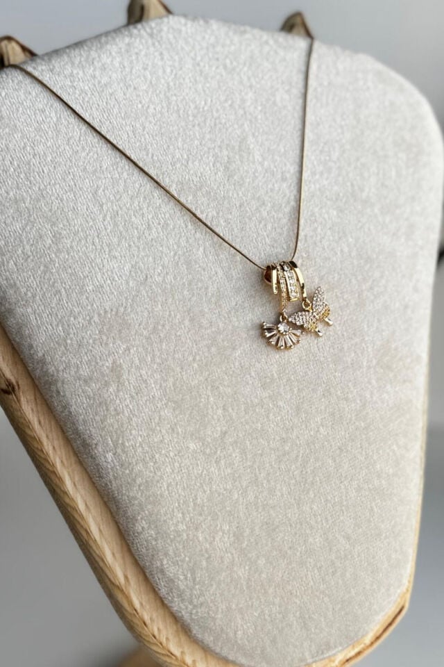Yeni Sezon Zirkon Taşlı Kelebek Motifli Kadın Çelik Kolye Gold