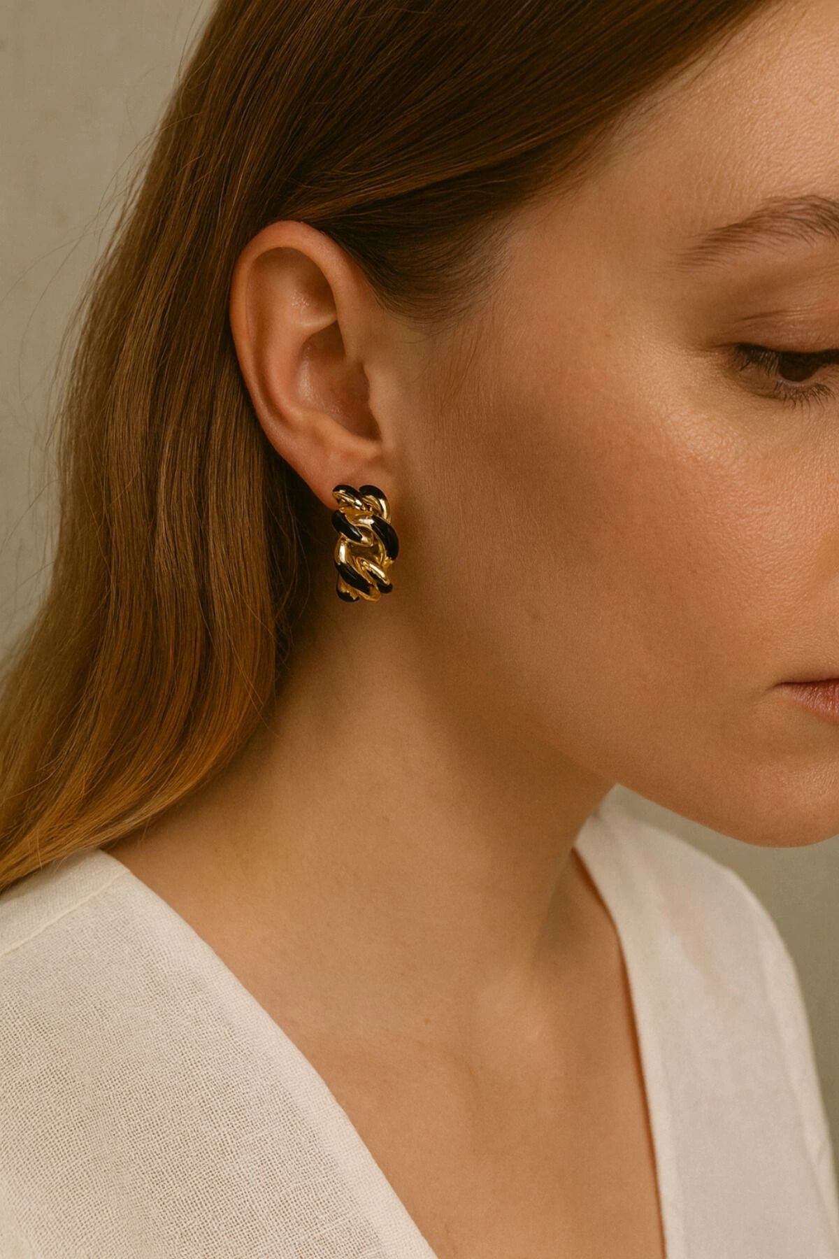 Zincir Model Renkli Mineli Halka Tasarım Kadın Çelik Küpe