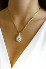 Ezme Çelik Zincirli Büyük Zirkon Damla Taş Kadın Çelik Kolye