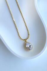 Ezme Çelik Zincirli Büyük Zirkon Damla Taş Kadın Çelik Kolye