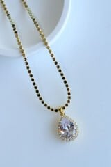 Ezme Çelik Zincirli Büyük Zirkon Damla Taş Kadın Çelik Kolye