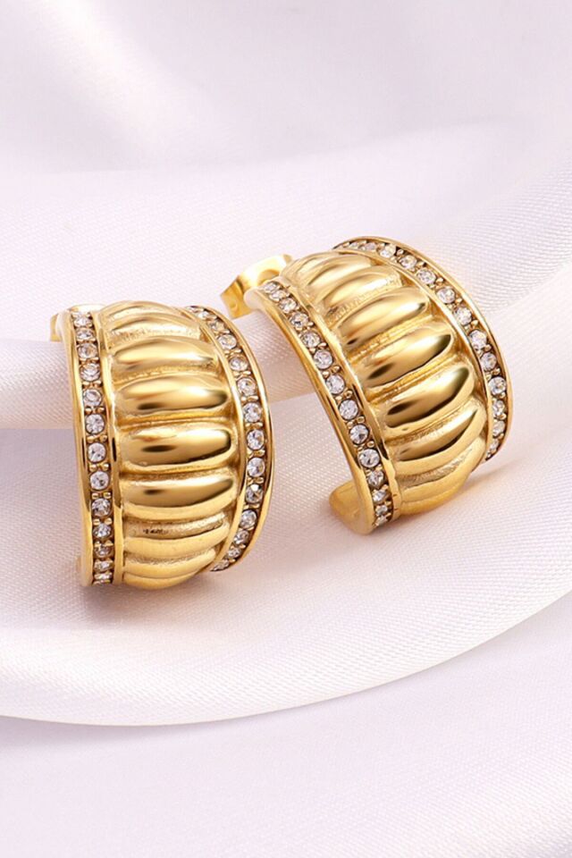 Premium Seri Ribbed Bombe Tasarım Kadın Çelik Küpe Altın