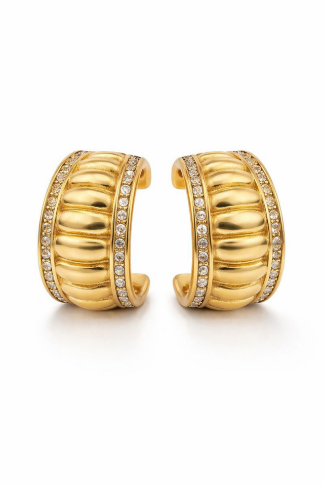 Premium Seri Ribbed Bombe Tasarım Kadın Çelik Küpe Altın