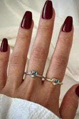 İthal Seri Renkli Zirkon Taşlı Zarif Kalp Tasarım Ayarlanabilir Kadın Çelik Yüzük