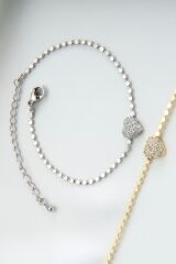 V.İ.P Seri Ezme Zincirli Full Taşlı Kalp Model Renk Atmaz Kararmaz Garantili Kadın Çelik Bileklik