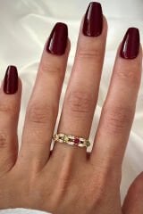 İthal Seri Çift Sıra Renkli Zirkon Taşlı Zarif Tasarım Ayarlanabilir Kadın Çelik Yüzük